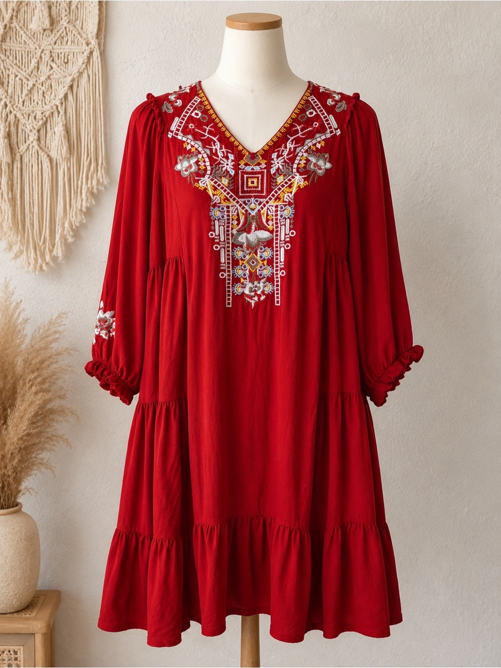 Solitaire Dress Women's XL Red Floral Embroidered Boho Peasant Cottagecore